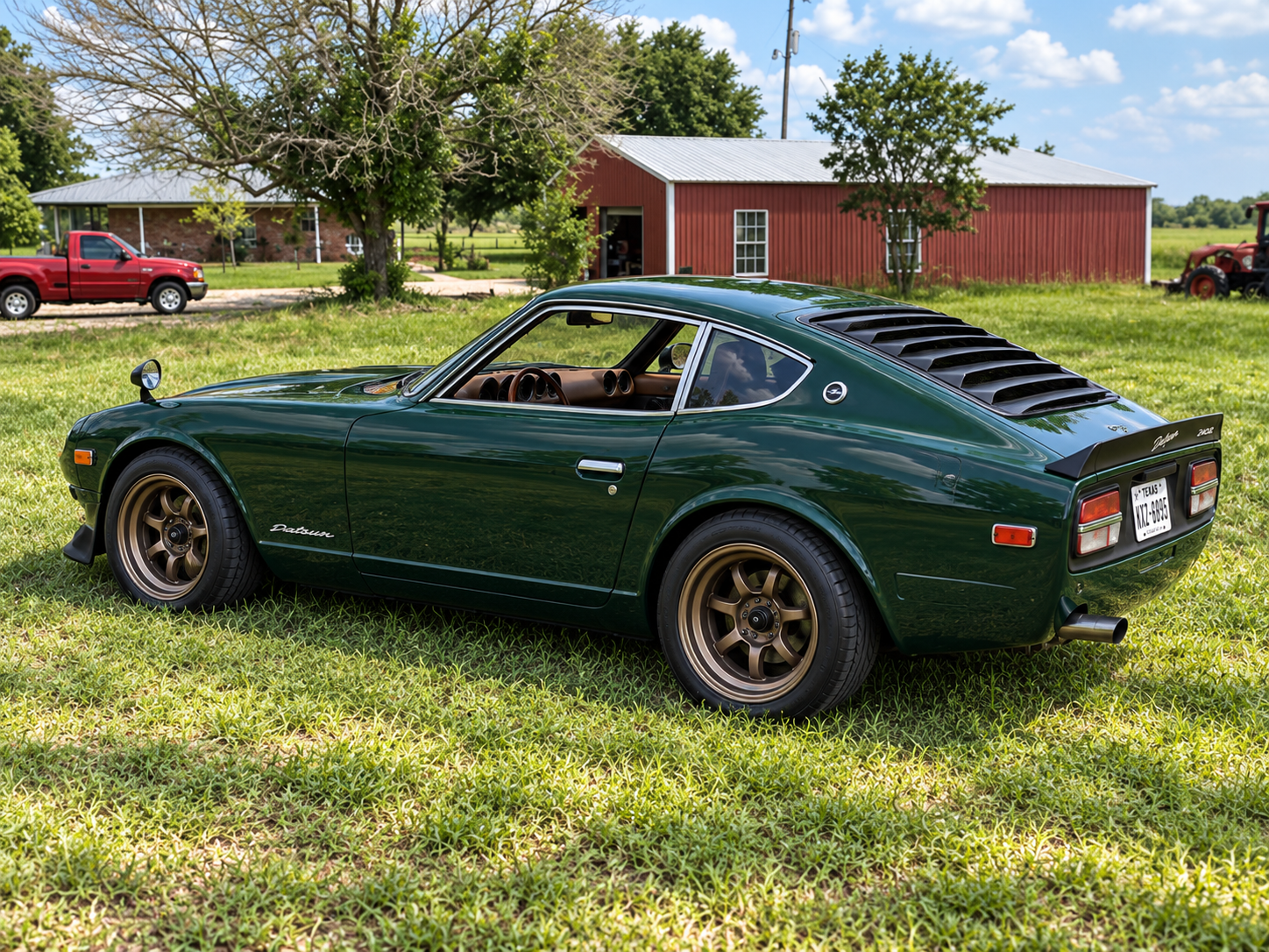 Concept render of the finished 240Z, driver’s side, with deep green paint and bronze wheels