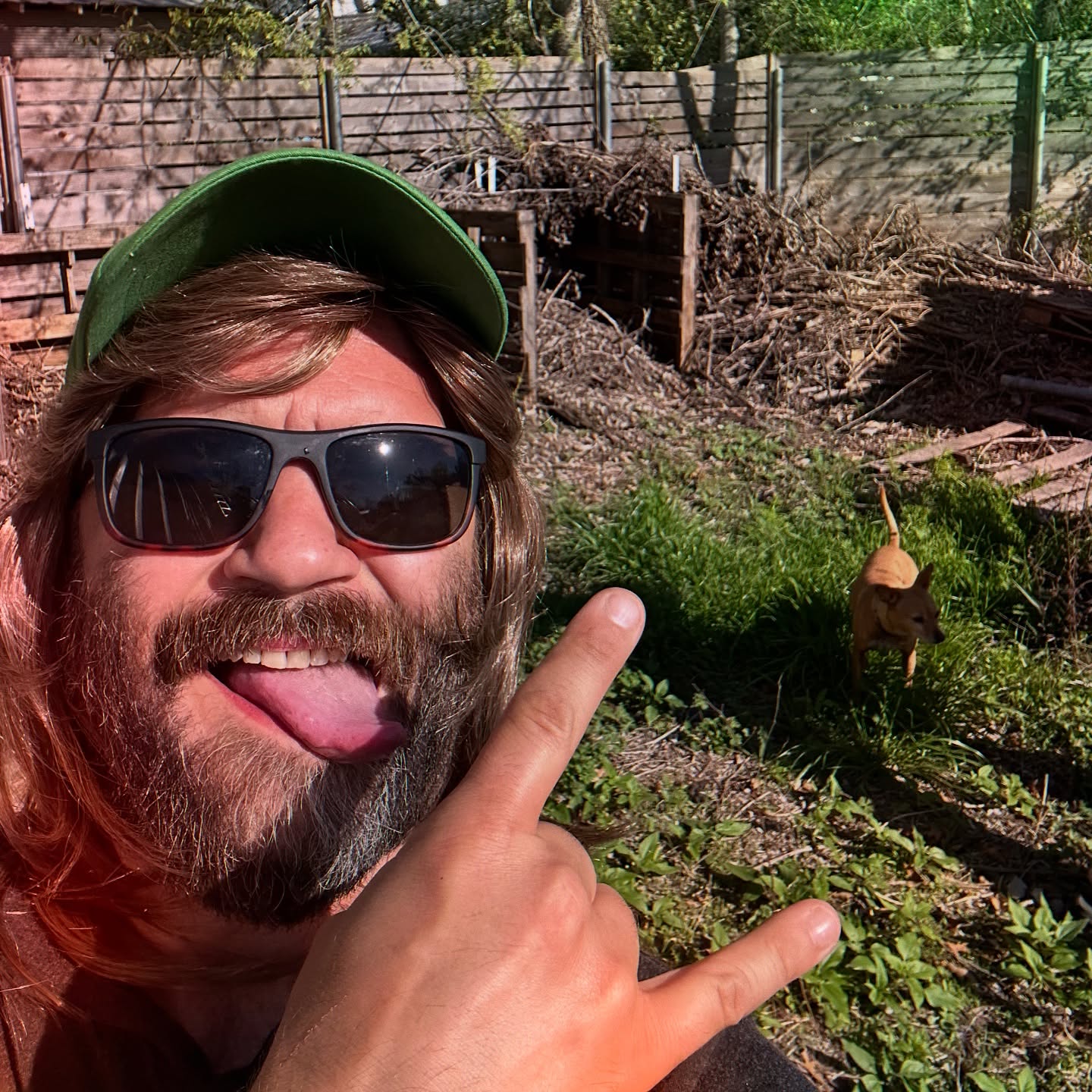 Cousin Dale, an Uncle Quinn's Garage character, enthusiastically pointing at a small dog