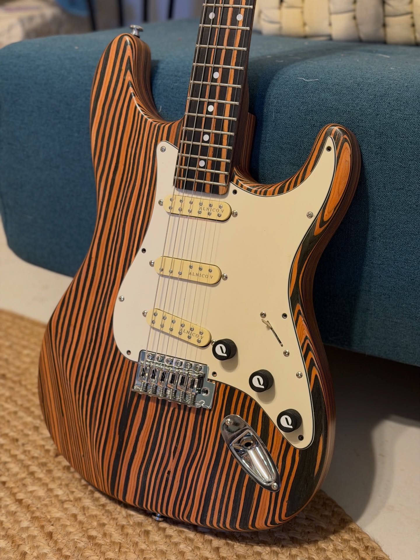 A striped custom Fender Stratocaster built by Quinn Walton